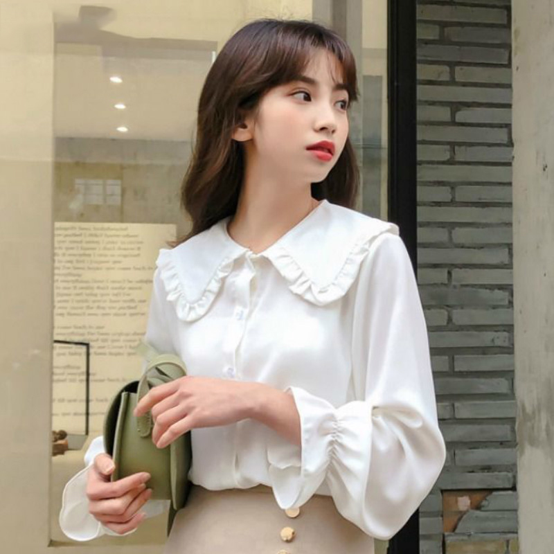 

Women Solid Korean Style Chic Trendy Casual Blouses Elegant Vintage Simple Spring Womens Streetwear All-match Shirts 210517, White