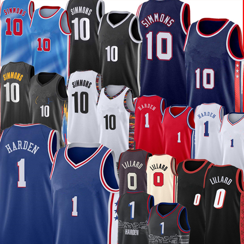 

2022 Ben 10 Simmons Jersey Jame 1  Harden Basketball Jerseys 0 Damian men Lillard Jersey -XXL Blue White Red Black Embroidery Logos