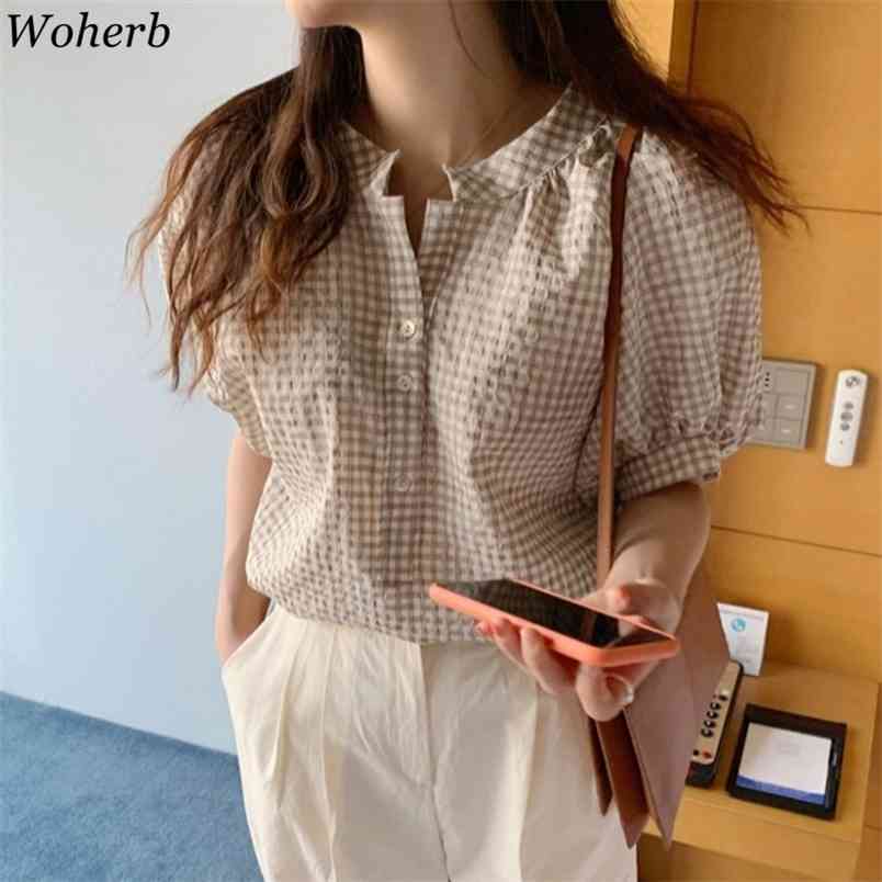 

Summer Women Chic Fashion Plaid Blouse Femme Elegant Casual Short Sleeve Office Lady Shirt Tops Korean Blusas 210519, As photo
