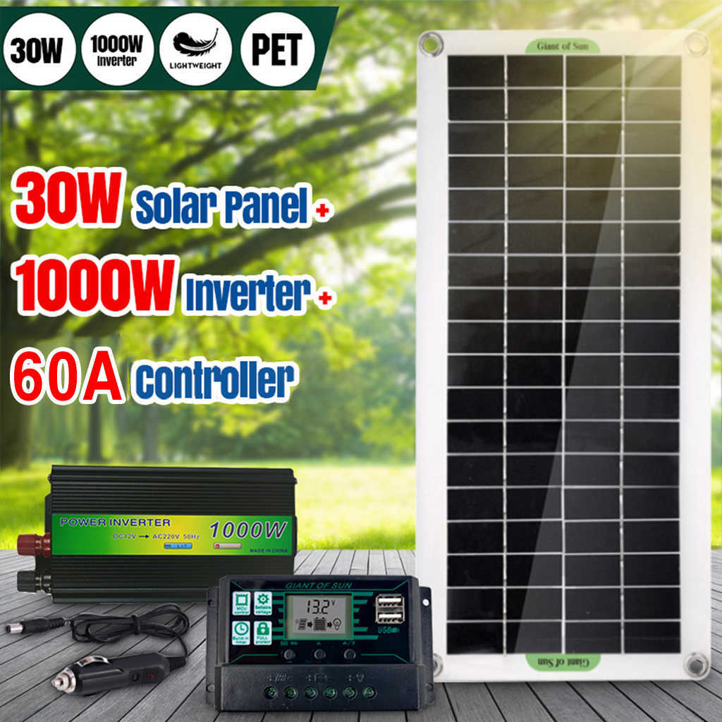 

30W RV Boat Solar Panels Kit with Charge Controller Solar Inverter for Home Boat 60A 100A Portable Power Generator Car