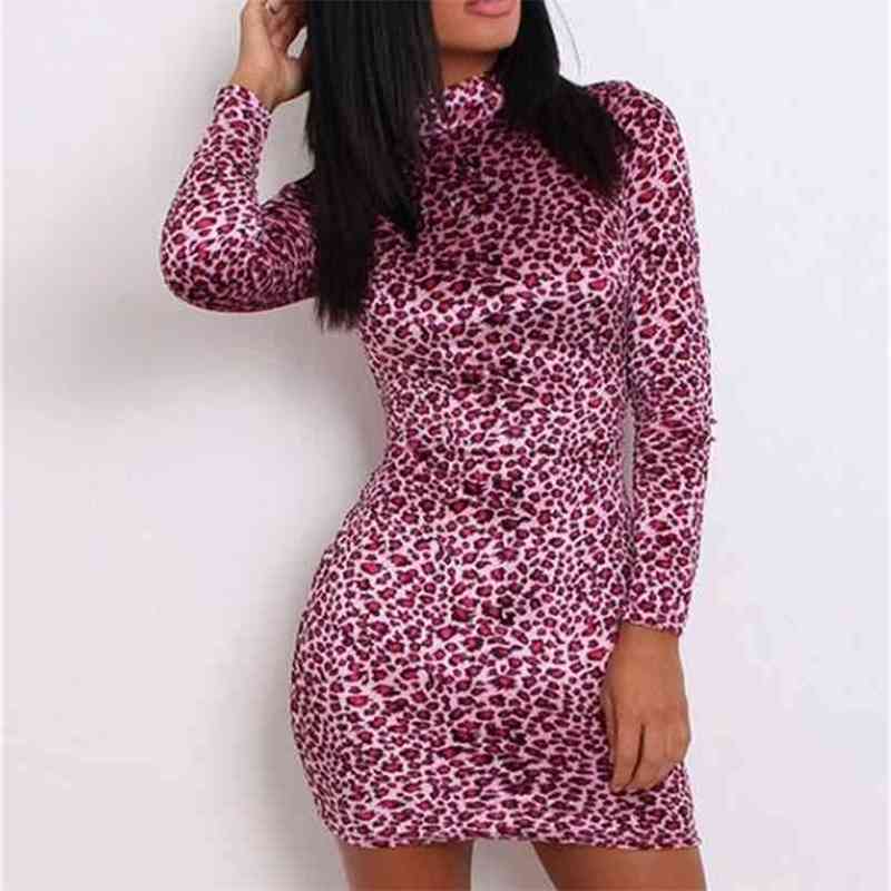 

OMSJ Turtleneck Mini Women Leopard Print Dress Long Sleeve Retro Ladies Casual Dresses Vestidos Sexy Bodycon Party Club 210517