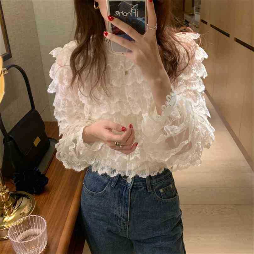 

Apricot Office Lady Female Ruffles Blouses All Match Hook Flowers High Quality Chic Hollow Out Shirts 210525, Photo color