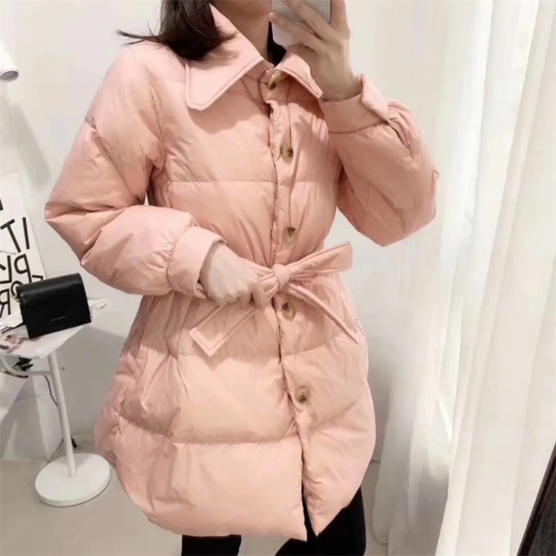 

Winter Women Solid Turn Down Collar Warm Parkas Female Sashe White Duck Coats Ladys Korean Style Outerwears 210517, Black