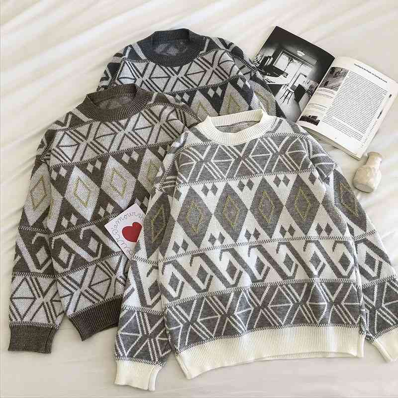 

Women Vintage Diamond Plaid Sweater Autumn Winter Long Sleeve Loose Casual Pullover Woman Oversized Korean Knitted Sweaters 210602, White