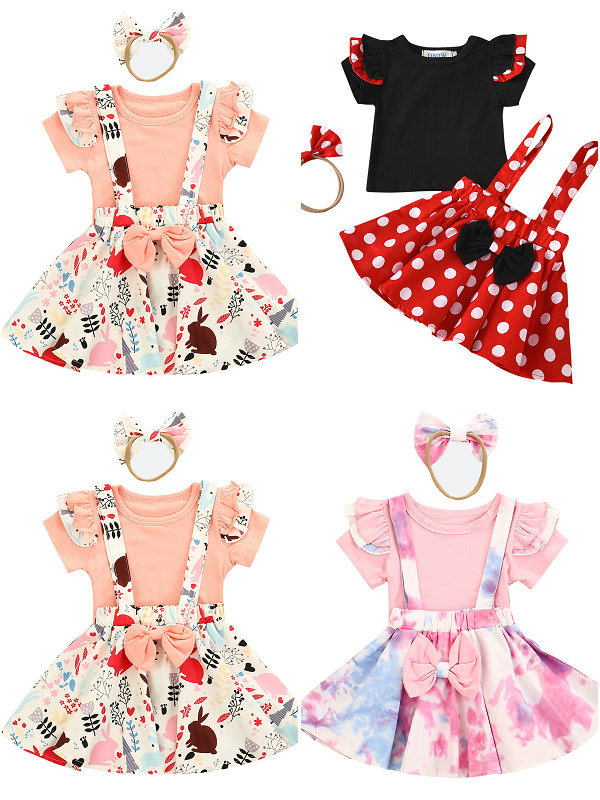 

Retail/wholesale girl INS Suspenders dress tracksuit Clothing Sets 3pcs set cotton top+ skirts+bow headband girls outfits children Designers Clothes