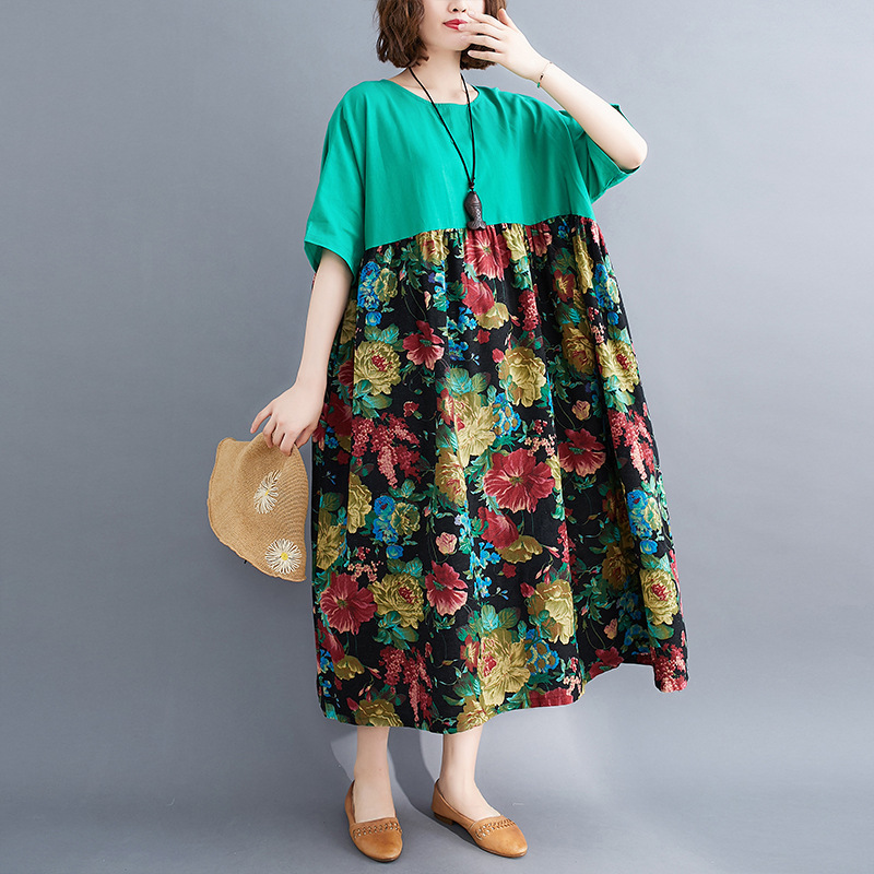 

Johnature Summer Casual Dress Print Patchwork O-Neck Korean Loose Comfortable Half Sleeve Plus Size Women Retro Dress 210521, Green