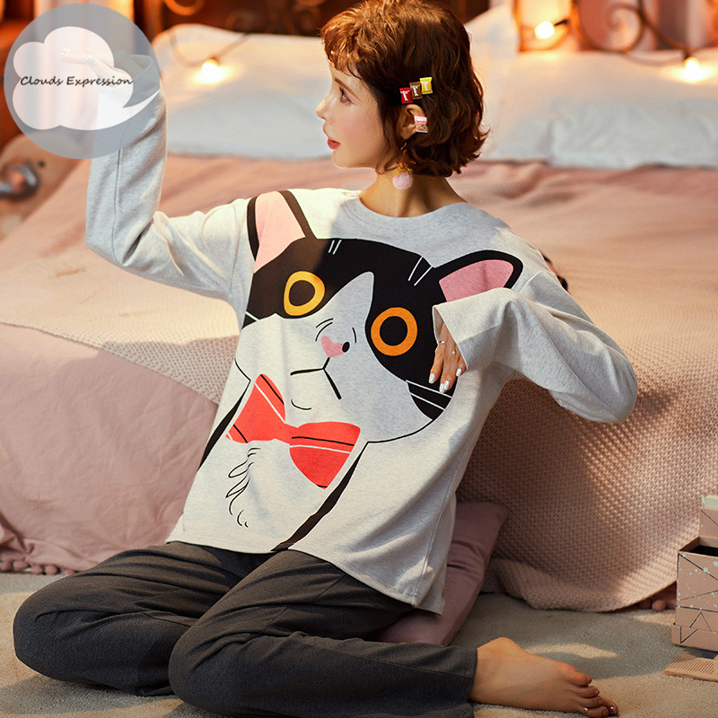 

2021Winter Sleep Lounge Pajama Long Sleeve Top + Long Pant Woman Pajama Set Cartoon Pyjamas Cotton Sleepwear Women  L XL XXL XXXL, Black;red