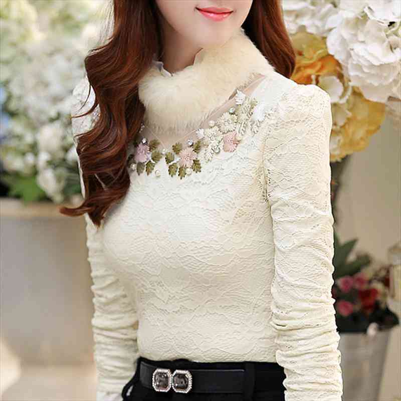 

autumn winter women plus velvet thick bottomed shirt female high necked lace long sleeved blouses plus size 3xl, White