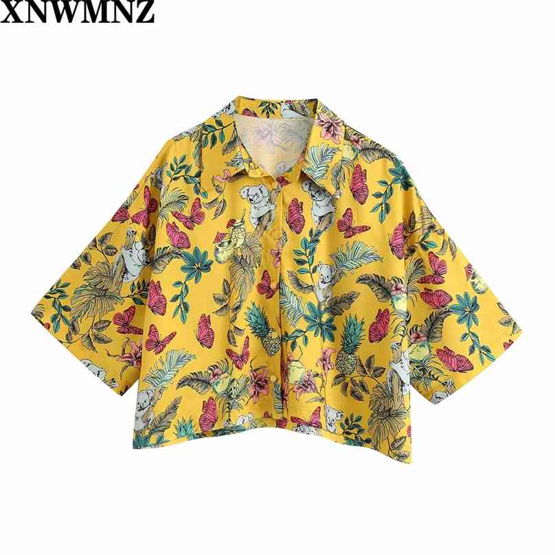 

women Printed shirt mustard Flowing cropped collared featuring short sleeves and a button-up front 210520, Orange