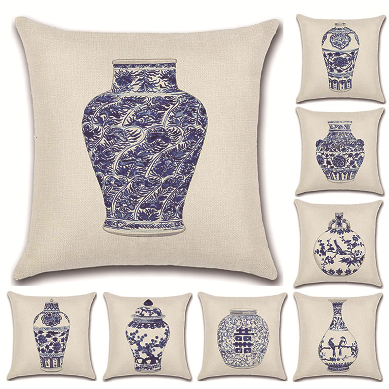 

Cover Pillow Linen Chinese Style Blue and White Porcelain Bottle