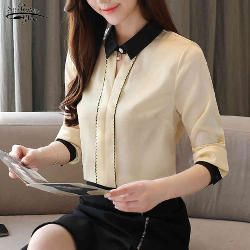 Femmes lâches solides Tops et chemisier mode Bureau à manches longues Lame Lady Silk mousseline Chemises élégantes Camisas Mujer 8390 50 210508