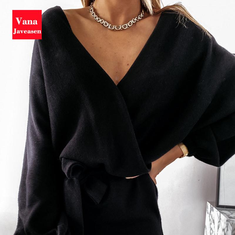 

Casual Dresses Elegant Solid Loose Sleeve Ladies Fashion V-Neck Chic Belt Mini Dress Women Sexy Backless Hollow Vestidos Female, Black;gray
