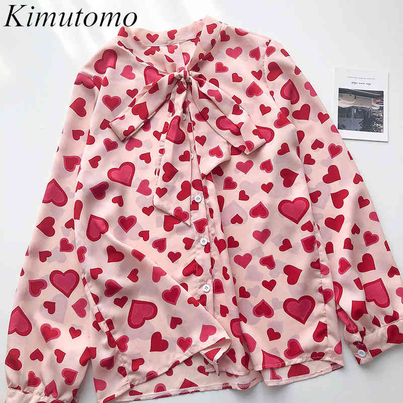 

Kimutomo O Neck Bow Lace Up Shirt Women Spring Korean Heart Print Long Sleeve Single Breasted Blouse Elegant Fashion 210521, Red