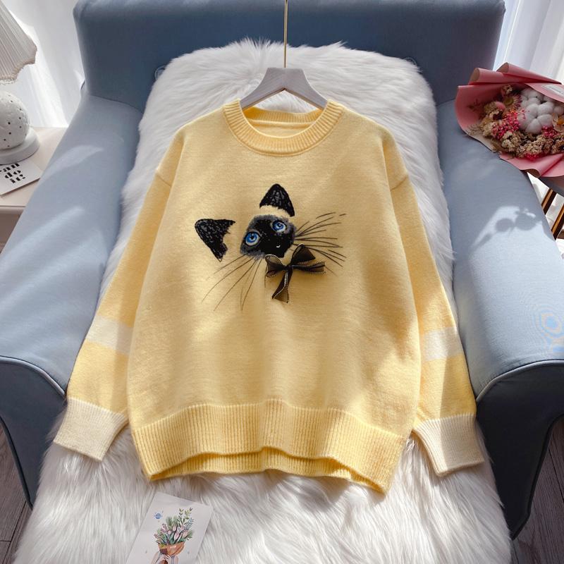 

Women's Sweaters Cartoon Cat Print Pullover 2021 Autumn Winter Korean Loose Cute Sweater Top Soft High Quality Jumper J224, White;black