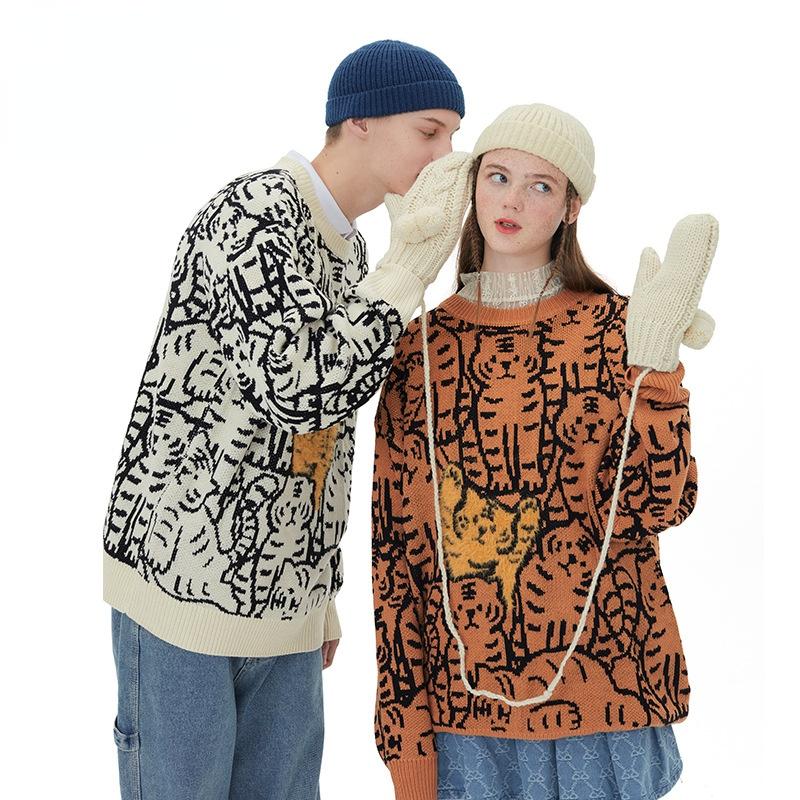 

Men's Sweaters Autumn Korean Style Sweater Cartoon Mink Knitted Fashion Fried Street Pullover Couple Jacket Warm Loose Coat Male Tide, White;black