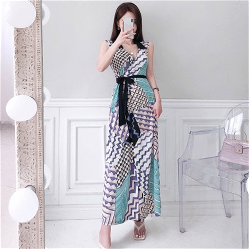

High Quality Summer Dress Causal Women Printed Elegant V Neck Sleeveless Woman Party Bandage Dresses 210603, Picture color