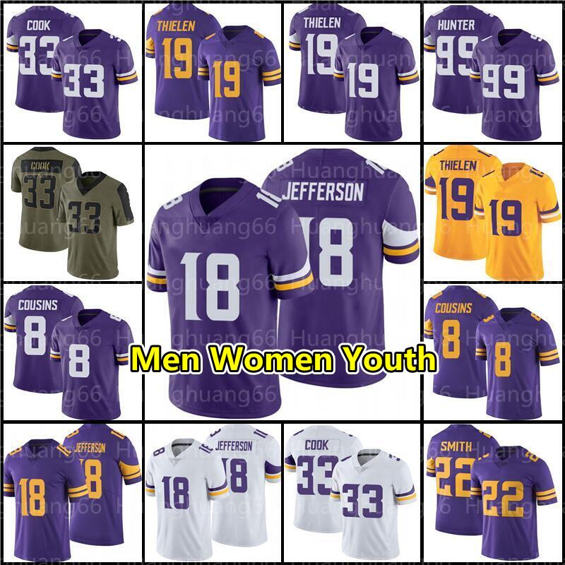 

18 Justin Jefferson 33 Dalvin Cook Jersey 19 Adam Thielen 22 Harrison Smith Football Kirk Cousins 99 Danielle Hunter mens womens youth kids Kellen Mond, Men jersey