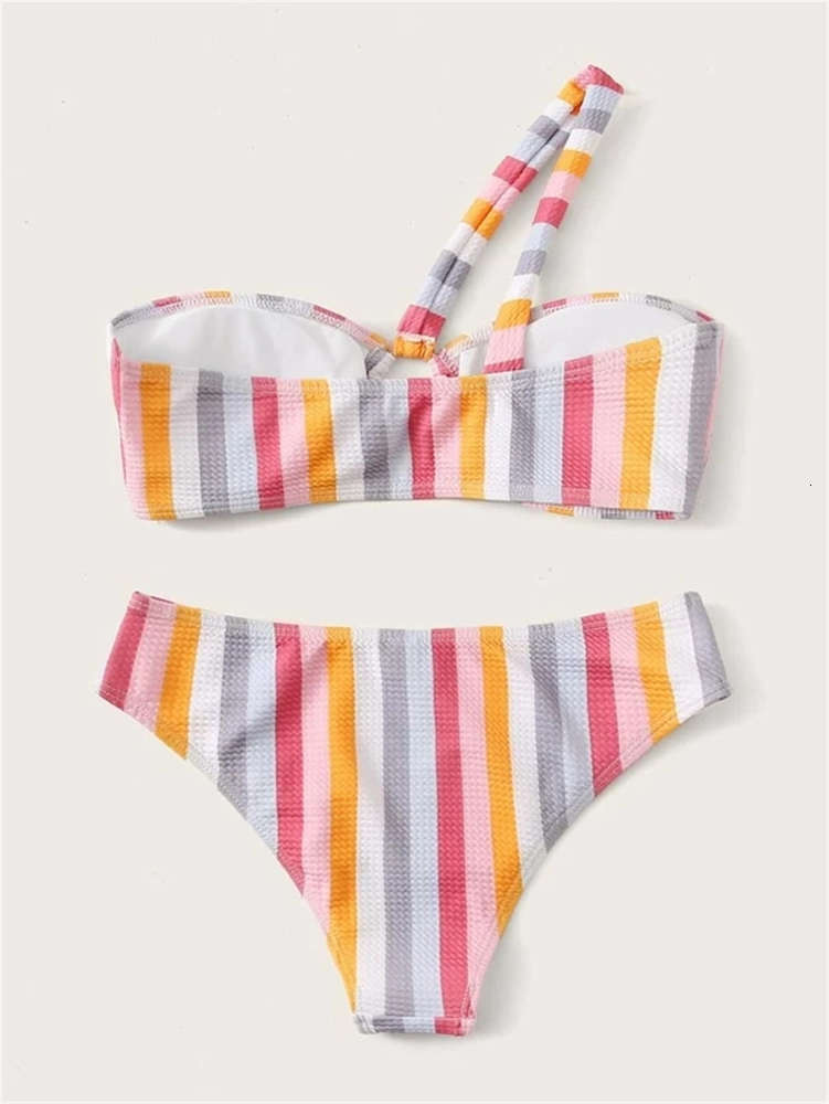 

women' swimsuit one shoulder striped split, Lq285