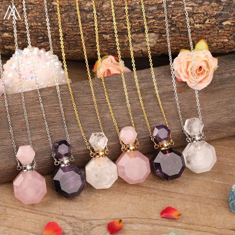 

Natural White Pink Amethysts Quartz Perfume Bottle Gold Chains Necklace Women Faceted Stone Essential Oil Vial Jewelry1