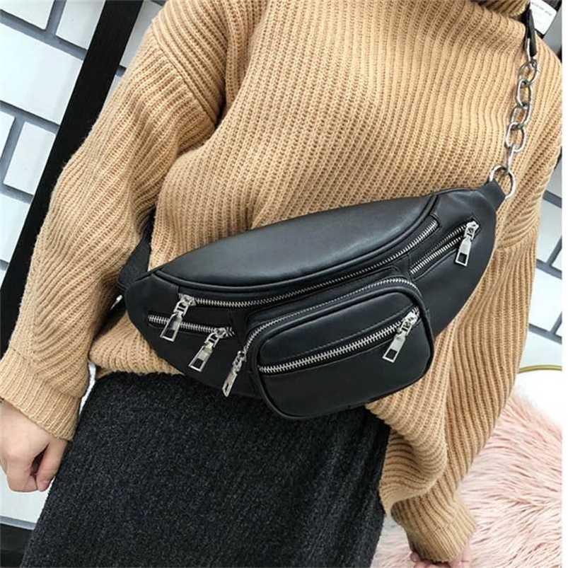 

Women's Black Waist Bag PU Leather Belt s Shoulder Crossbody Chest Female Chain Fanny Pack Waterproof Banana Hip Purse 211214