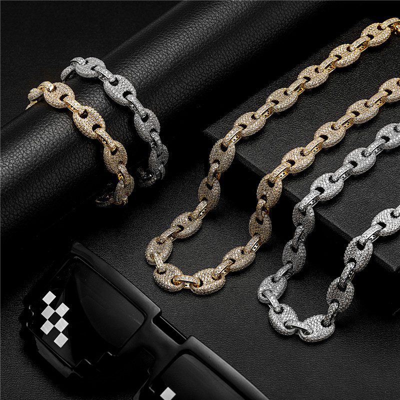 Hip Hop Necklace 12mm 18-22inch 18K Yellow Gold Plated Bling CZ Cuban Chain Necklace 7/8inch Bracelet Fashion Rock Jewelry