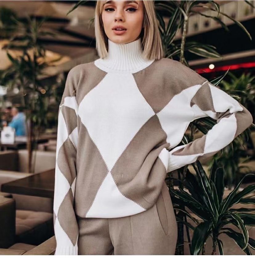 

Women's Sweaters sweater knitting hoodie High plaid collar garlic Flat pants thick wool two pieces NMAM, 1# shoe box