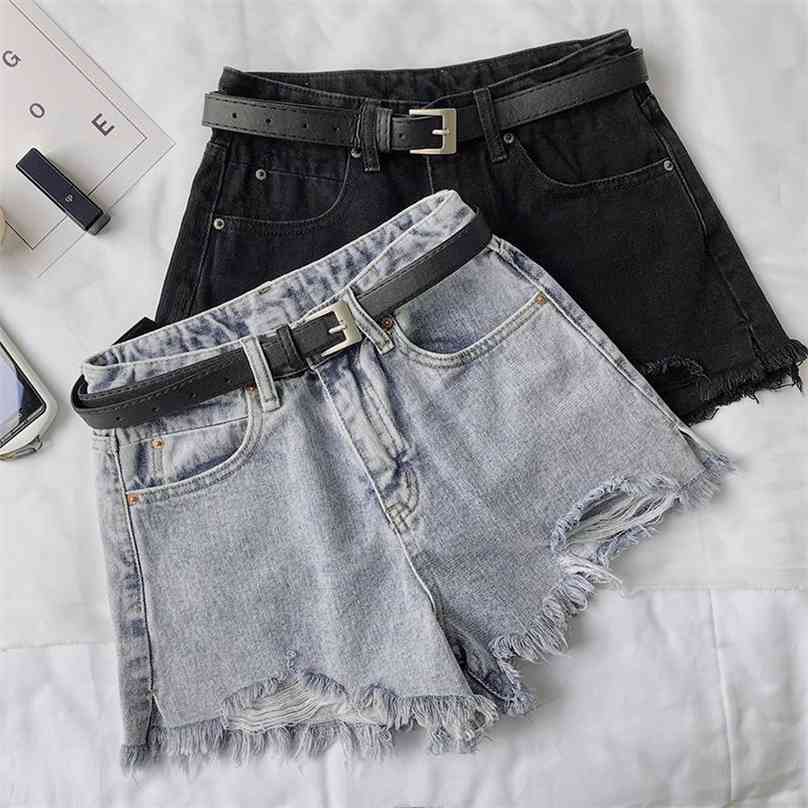 

Summer Women Hole Denim Black Shorts High Waist With Belt Casual Female Solid Color Frayed Blue Jeans 210719