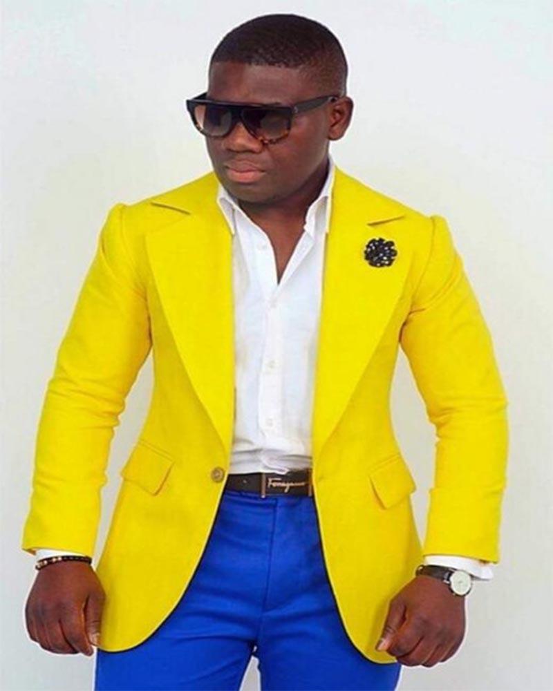

Men's Suits & Blazers 2pcs Yellow Jacket Royal Blue Pants Flat Collar For Wedding Custom Made Men Sets Tailored Dinner Party Wear, As picture