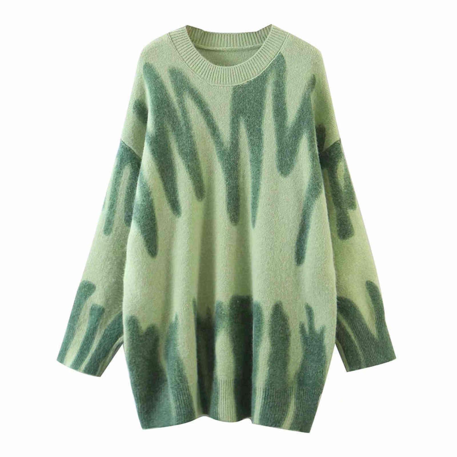 

Elegant Green Striped Print Oversized Pullovers Women O-Neck Loose Long Sweaters Streetwear Warm Outerwear 2021 Y1110, Ivory