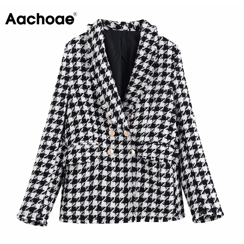 

Elegant Houndstooth Blazer Women Double Breasted Office Plaid Coat Shawl Collar Tassel Vintage Blazer Suits Ropa Mujer, Black;white