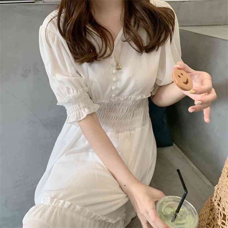 elastic waist Plus size Summer Girls Boho Party Female Vintage Dress chiffon Short Sleeve Women Dresses white Long Robe Ve 210417Z