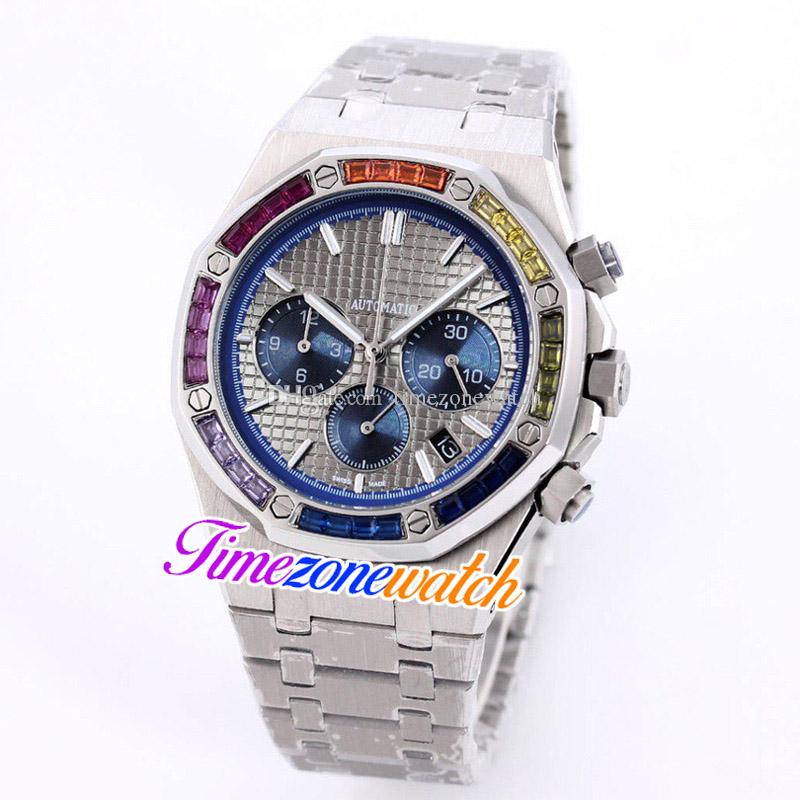 

K8F 41mm Miyota Quartz Chronograph Mens Watch Gray Texture Dial Blue Subdial Rainbow Diamond Bezel Stainless Steel Bracelet Watches Timezonewatch A24b3, Waterproof service
