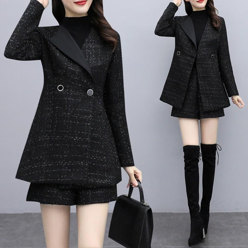 

Women's Two Piece Pants High Quality 2021 Autumn Winter Women Tweed 2 Set Woolen Jacket Coat + Shorts Sets Pant Suits, White