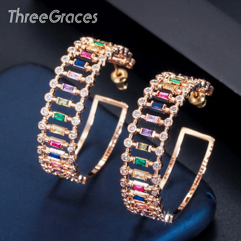 

Hoop & Huggie ThreeGraces Luxury Monaca Bamboo Knot Colorful CZ Big Fashion Dubai Round Earrings Wedding Jewelry For Bride Brincos ER340, Golden;silver