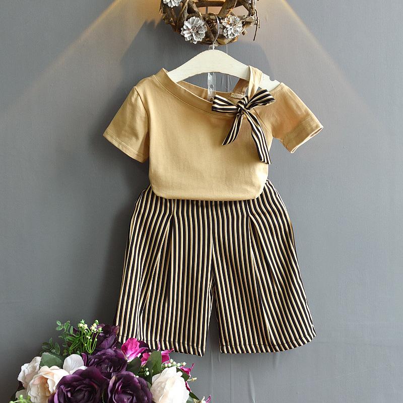 

Clothing Sets Girls' Suit Summer Short-sleeved T-shirt Striped Wide-leg Pants Children's Two-piece Set KF1131, White
