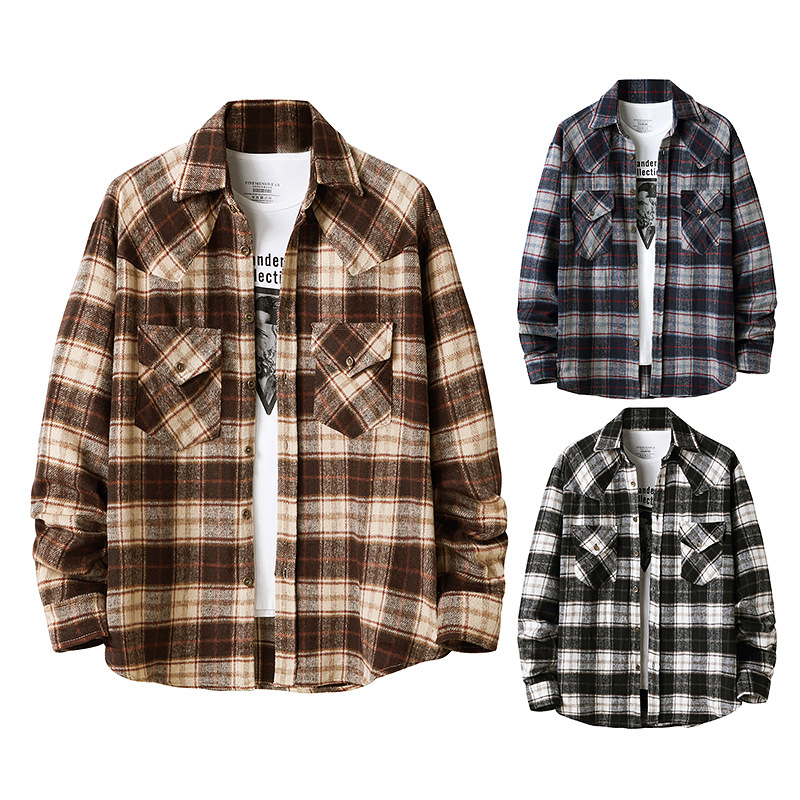 

Men Apparel Autumn Winter Flannel Thick Casual Grid Print Shirts Male Lapel Nneck Long Sleeve Single-breasted Loose Blouses Outwear