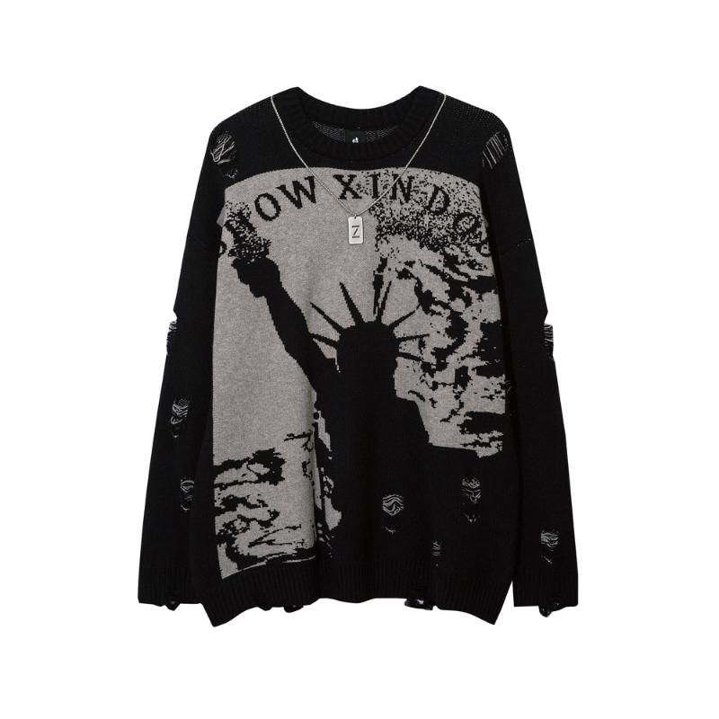 

Men's Sweaters Frayed Goth Oversized Long Sleeve Top Knitted Pullovers Y2k Sweater Harajuku Streetwear Men Clothing Fight For Freedom, White;black