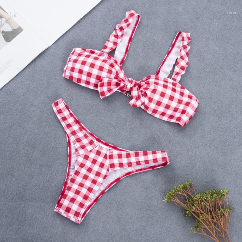 

Women Summer Bikini Beach High Cut Pink Plaid Bow Cute Swimwear Pool Swimsuit Bathing Ruffle Brazilian Femenino Biquini Women, 1 set