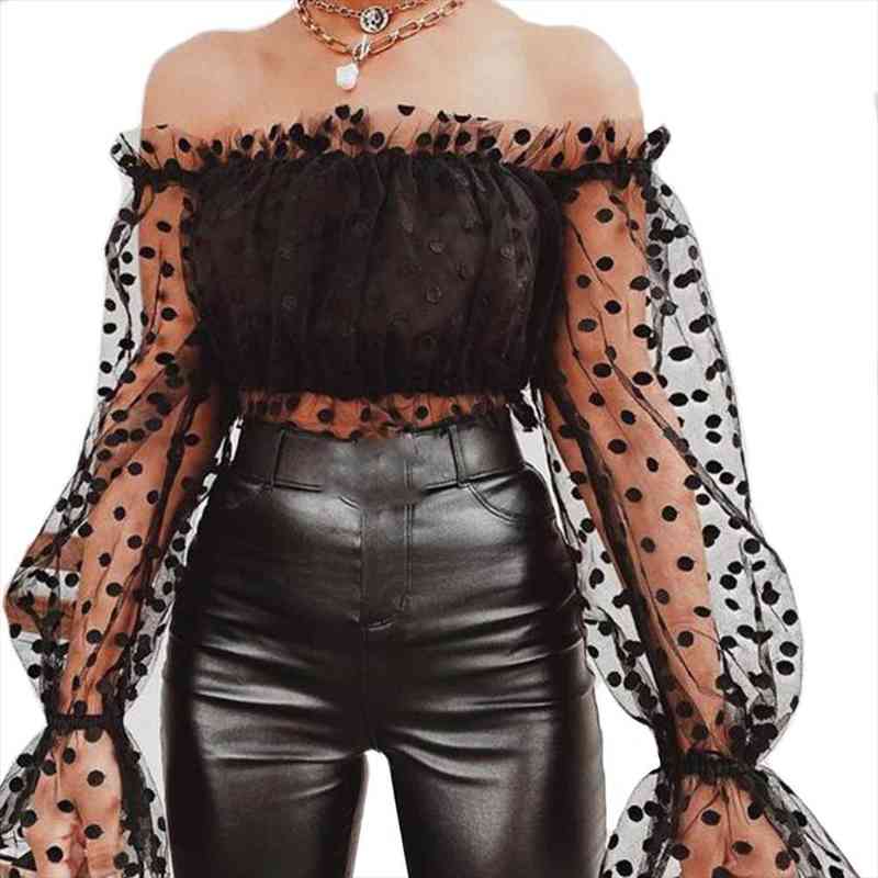 

womens spring casual polka dots print mesh patchwork puff sleeve fairy lady off shoulder ruched, White