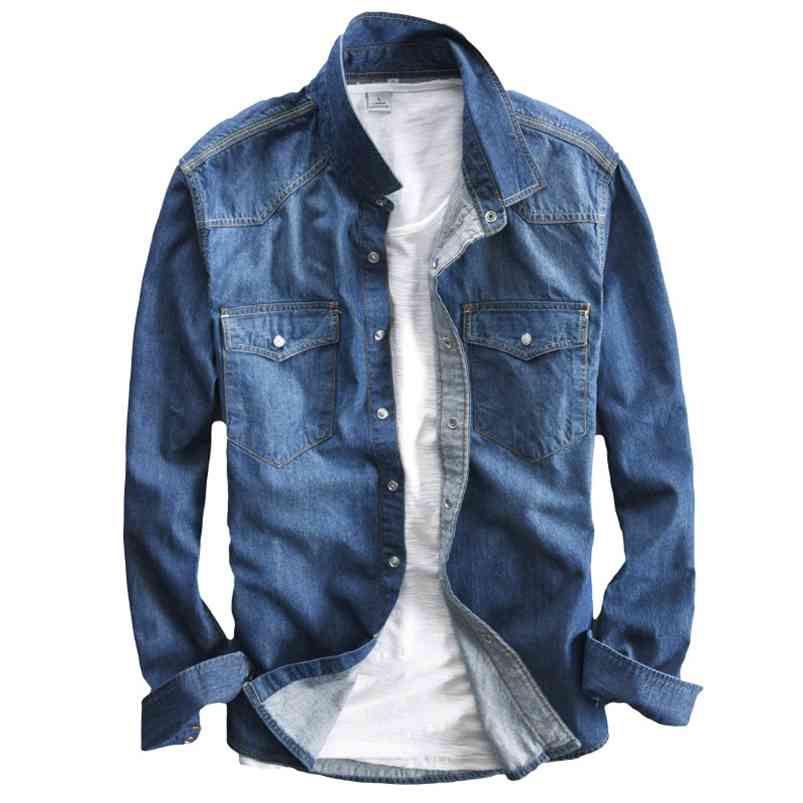

Men's long-sleeved solid denim shirt fashion brand Classic retro denim Pocket decoration Business shirt Spring and Autumn Tops 210708, 360 light blue