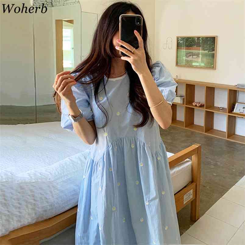 

Vintage Daisy Embroidery Women Dress Ladies Puff Sleeve Back Lace-up Casual Vestidos Summer Loose Female Dresses 210519, Black