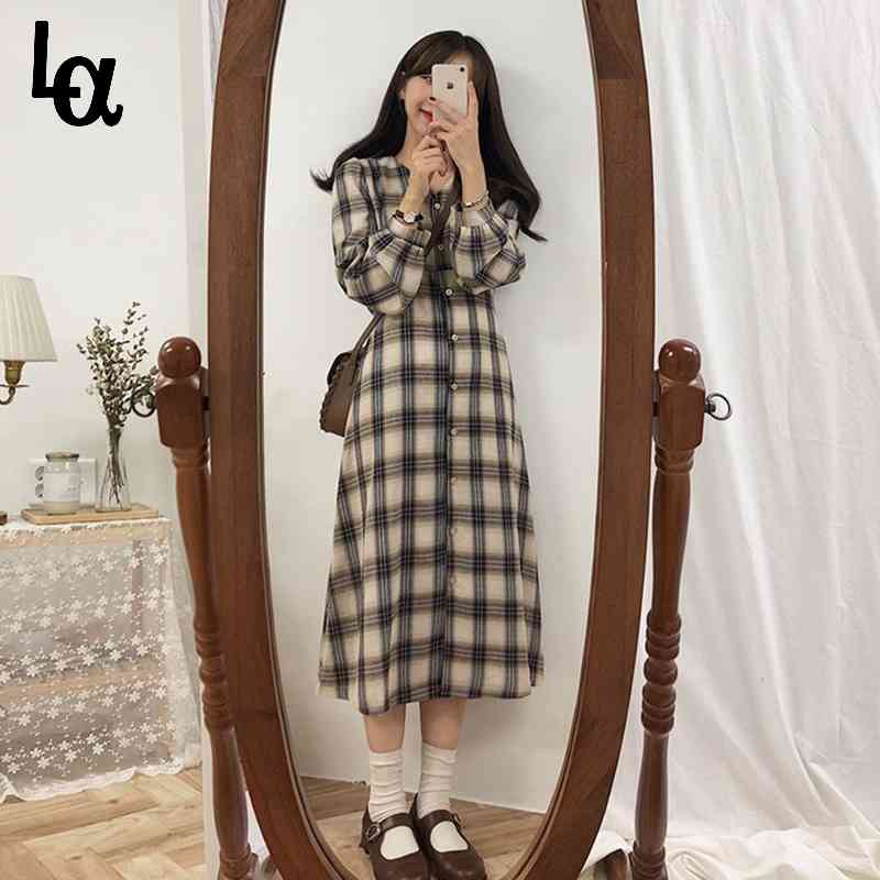 

Plaid Dress Autumn Linen Square Neck Mori Girl es Vintage Korean Kawaii Short Sleeve Clothes Mini Elegant 210519, Apricot