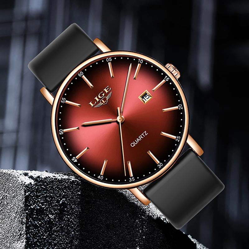 

Wristwatches Reloj LIGE 2021 Creative Watch Men Top Brand Fashion Luxury Quartz Watches Mens Waterproof Silicone Strap Male Sports Wristwatc, Rose gold red