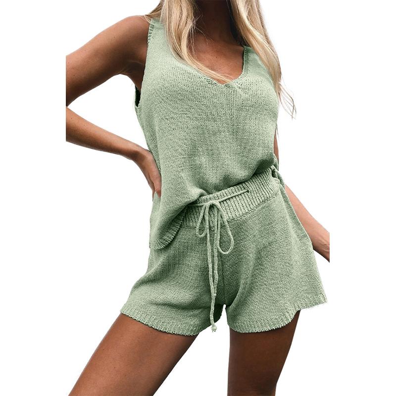 

Women' Tracksuits 2021 Solid Sets Casual Knitted V Neck Tanks And Shorts Female Street Style Sleeve Tops Autumn Winter Clothes, Green
