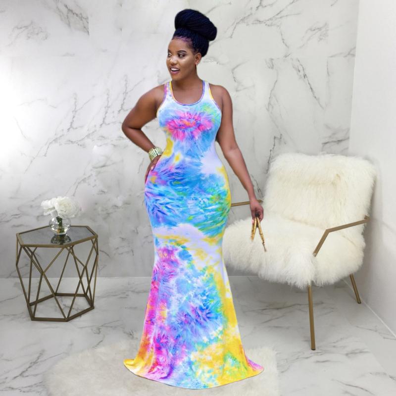 

Casual Dresses Rainbow Tie Dye Print Summer Mermaid Long Dress Women Sleeveless Back Cut Out Party Elegant Female Bandage Bodycon, Black;gray