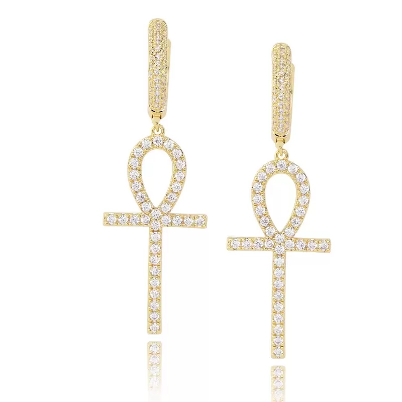 

Ankh Key Dangle Earrings Hip Hop Jewelry Gold Silver Fashion Mens Diamond Zircon Cross Earring