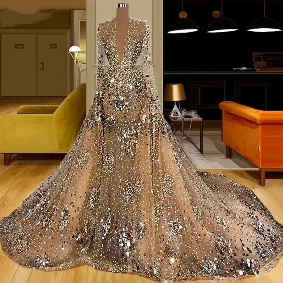 

Sparkly Luxurious Mermaid Prom Dresses With Detachable Train Beaded Crystals V Neck Evening Formal Party Second Reception Gowns VOG343, Black
