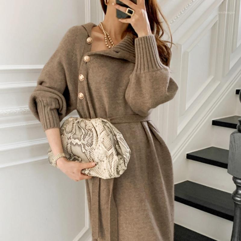 

Casual Dresses 2021 Autumn Winter Knitted Dress Women Bandage Turtleneck Sweater Ladies Vintage High-waist Pocket Midi, Beige