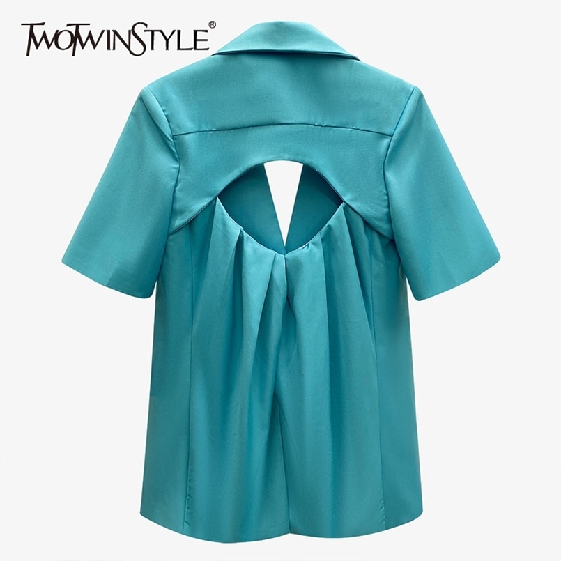 

Hollow Out Blue Blazer For Women Notched Short Sleeve Minimalist Casual Blazers Female Fashion Clothing 210524