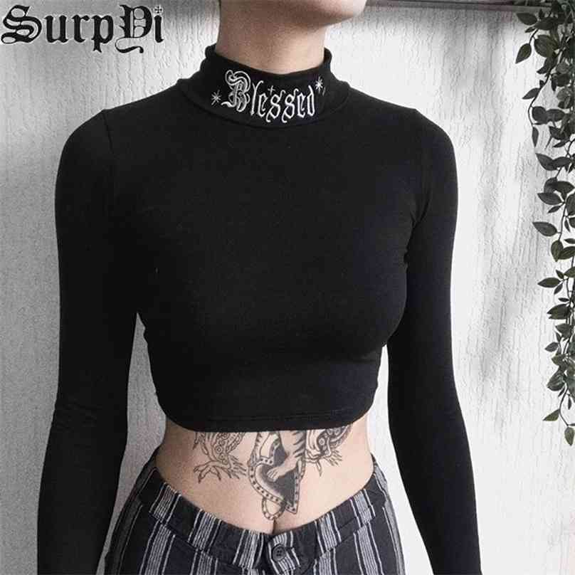 

Spring Streetwear Vintage Gothic Clothes Women T-Shirt Harajuku Punk Black Letter Embroidery Sexy Bodycon Long Sleeve Top 210720